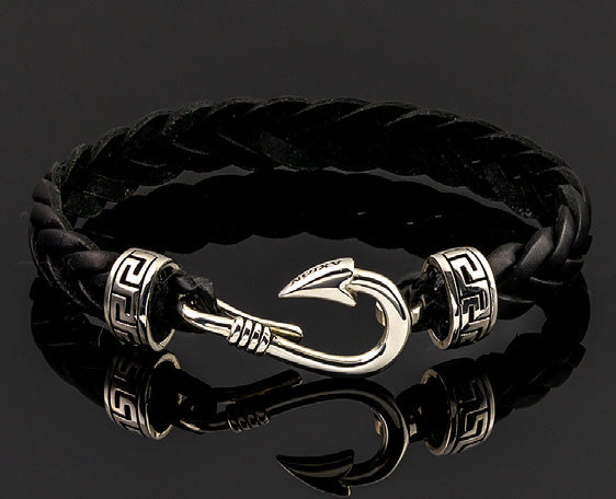 Sterling Silver Hook Bracelet with Greek Key Motifs and Genuine