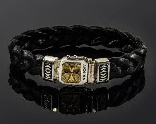 Bracelet with Sterling Silver & K14 Gold with Maltese cross motif and braided genuine leather