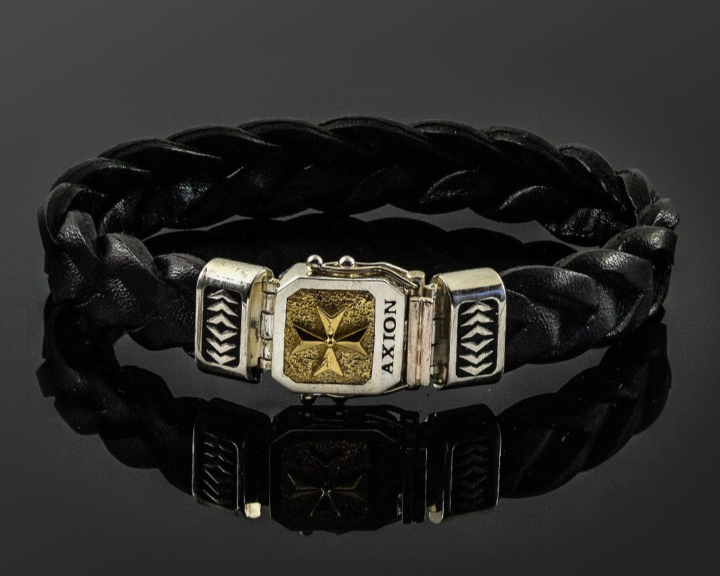 Bracelet with Sterling Silver & K14 Gold with Maltese cross motif and braided genuine leather