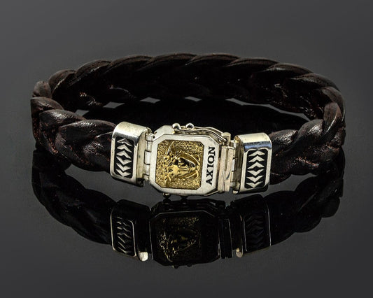 Bracelet with Sterling Silver & K14 Gold with medusa motif and braided genuine leather