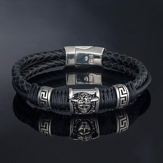 Sterling silver bracelet with greek key medusa motif