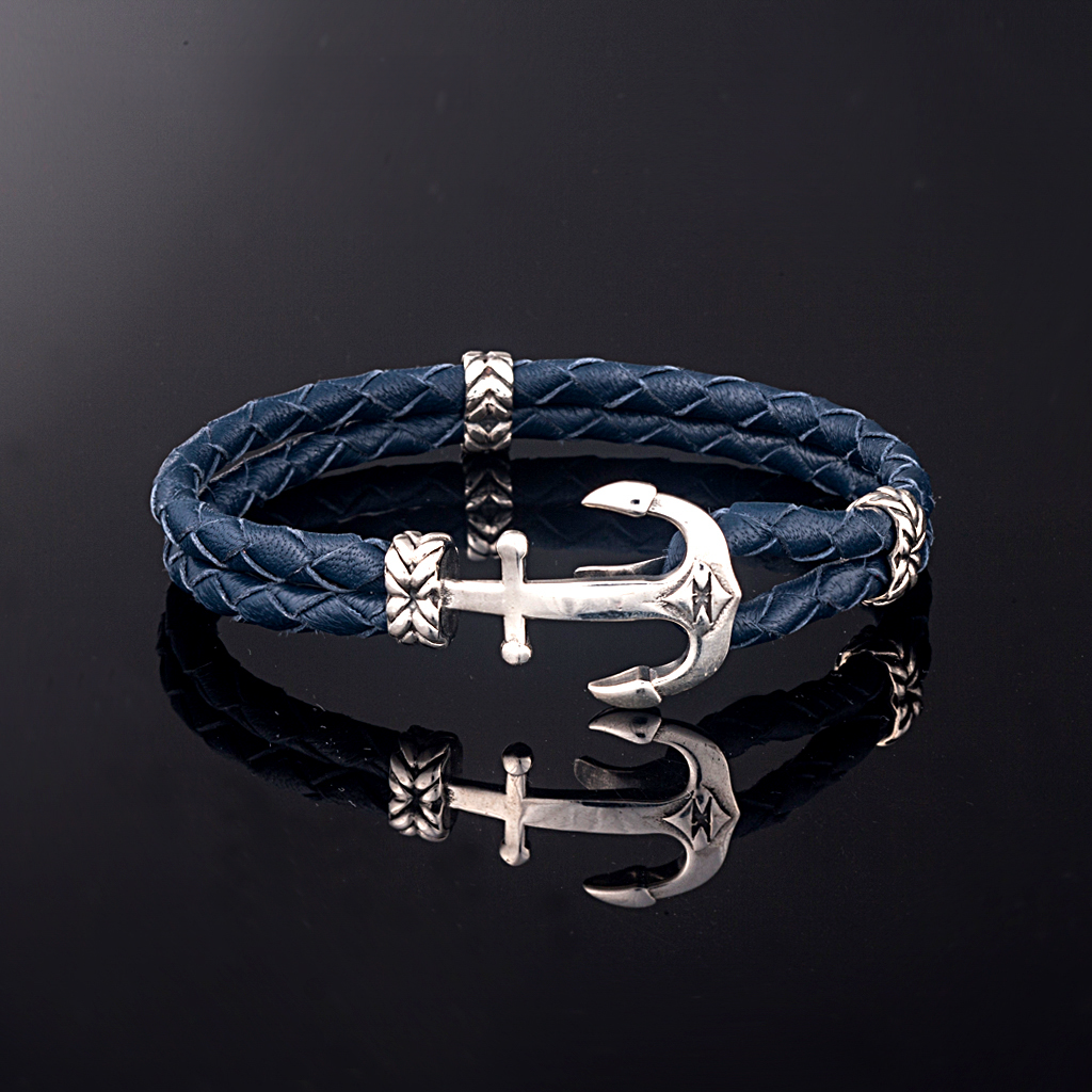 Sterling silver bracelet with anchor and double genuine leather