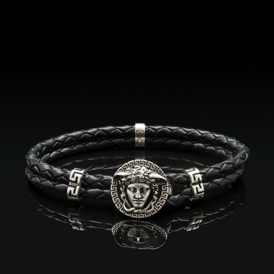 Sterling silver bracelet with Medusa motif and meanders and genuine braided leather