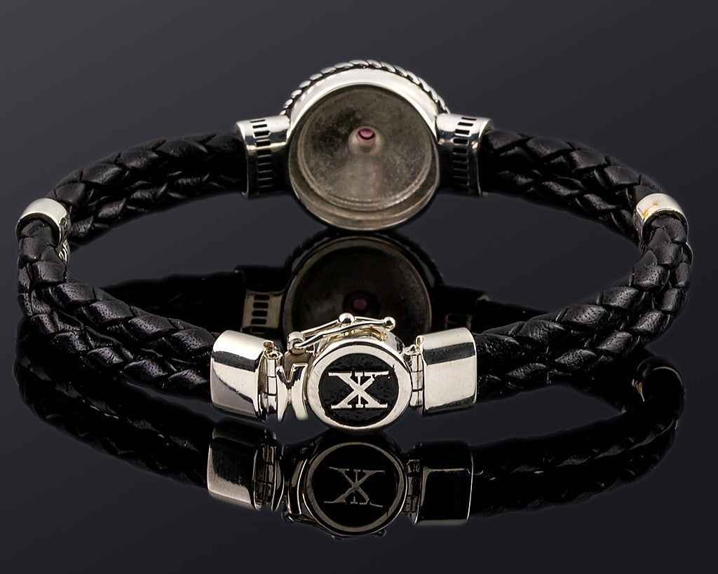 Sterling Silver Bracelet with compass 22mm on genuine black leather 4mm back view