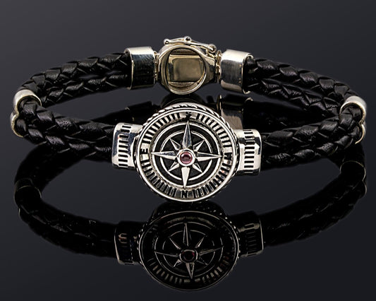 Sterling Silver Bracelet with compass 22mm on genuine black leather 4mm