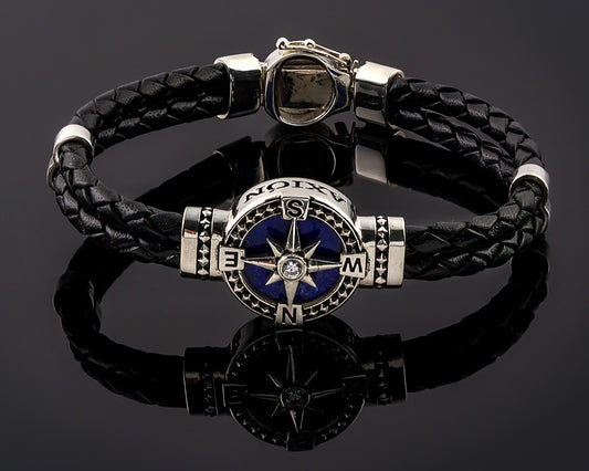 Sterling silver compass rose and lapis lazuli bracelet