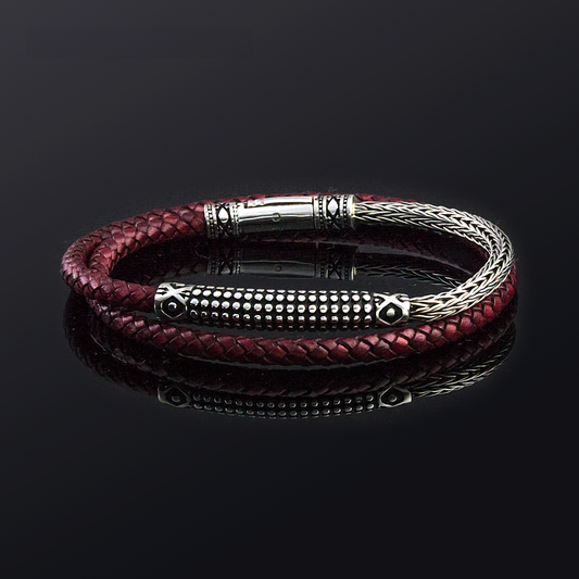 Sterling double wrap silver bracelet with sea urchin motif, braided chain and braided genuine leather