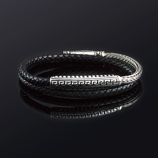 Sterling double wrap silver bracelet with Meanders motif, braided chain and braided genuine leather