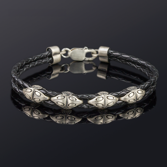 Sterling silver bracelet with vergina sun and Genuine braided leather 3 mm