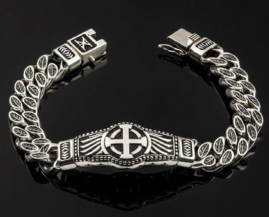 Sterling Silver Cuban Link Bracelet with Cross & Wing Motif