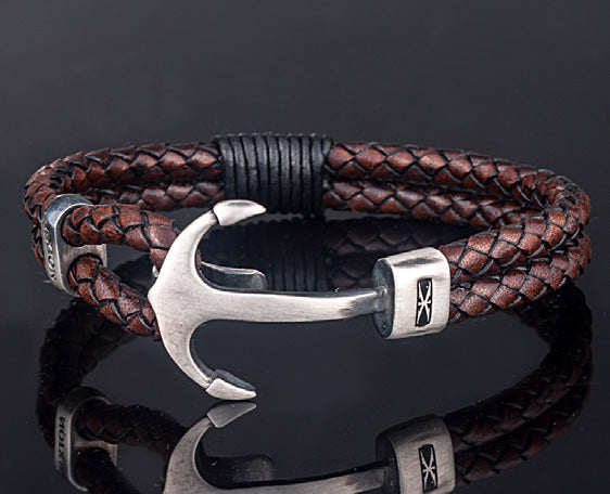 Sterling Silver Anchor Bracelet with Double Band Genuine Leather