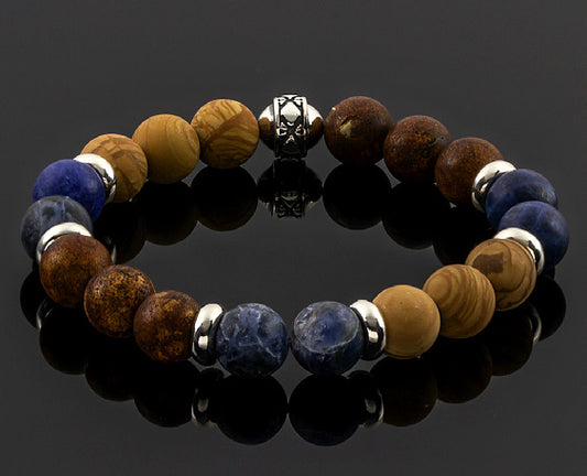 Multicolored Earth Toned Stone Beaded Bracelet with Sterling Silver Axion Motif and Washers