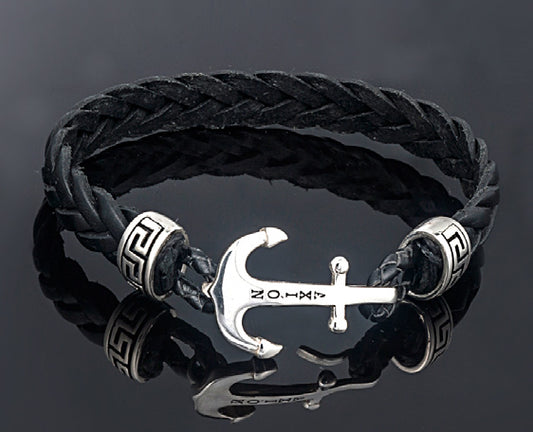 Sterling Silver Anchor with Axion logo Bracelet with Genuine Leather Band
