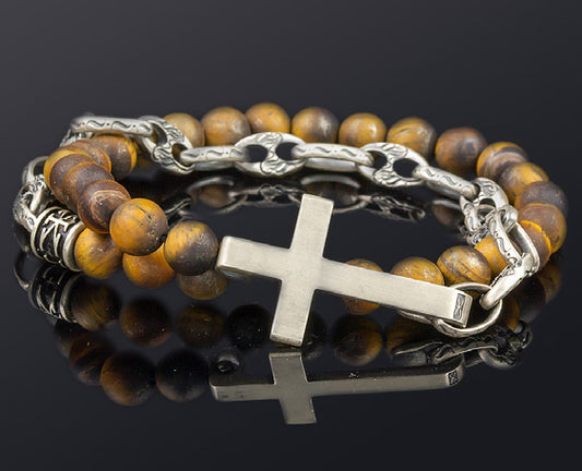Sterling Silver Double Wrap Bracelet with Cross, Link, and Beads
