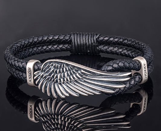 Sterling Silver Wing Braided with Genuine Leather Bracelet