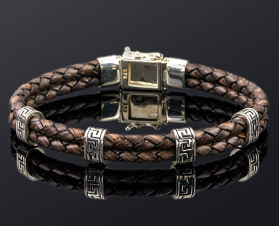 Bracelet with Sterling Silver Meander Design and Genuine Braided Leather