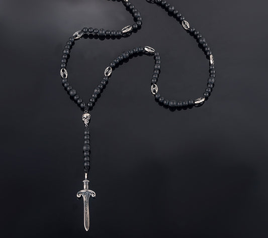 Handmade Sterling Silver Sword and Skull Necklace with Black Onyx Beads