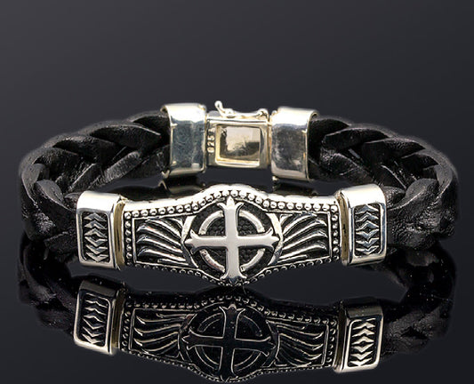 Sterling Silver Cross and Wing Motif with Genuine Braided Leather Band