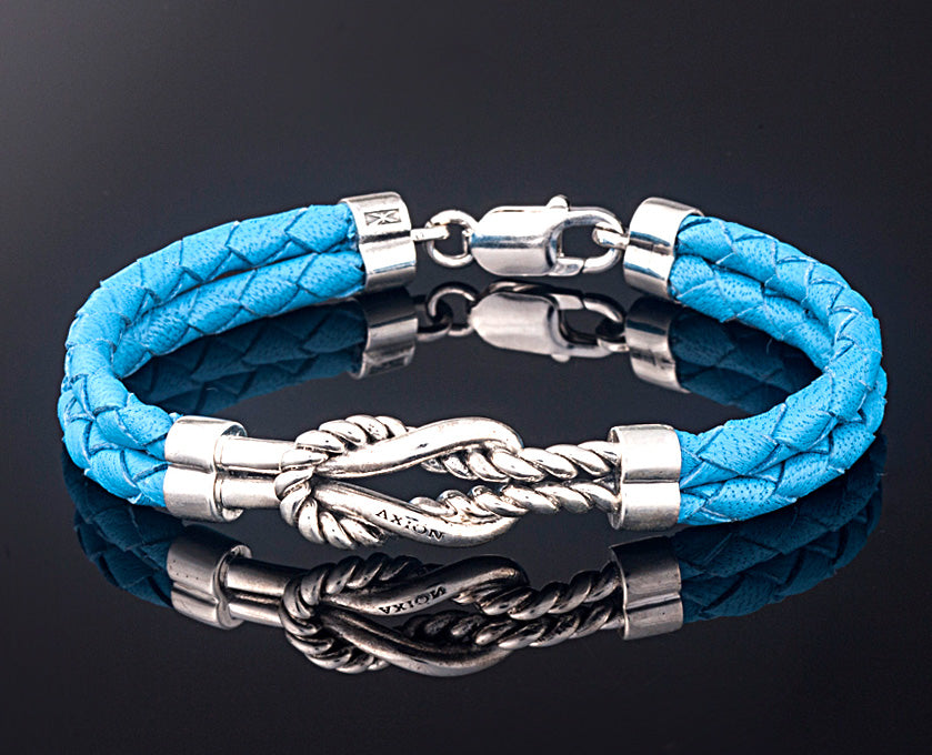 Sterling Silver Ribbed Nautical Knot Bracelet with Genuine Leather