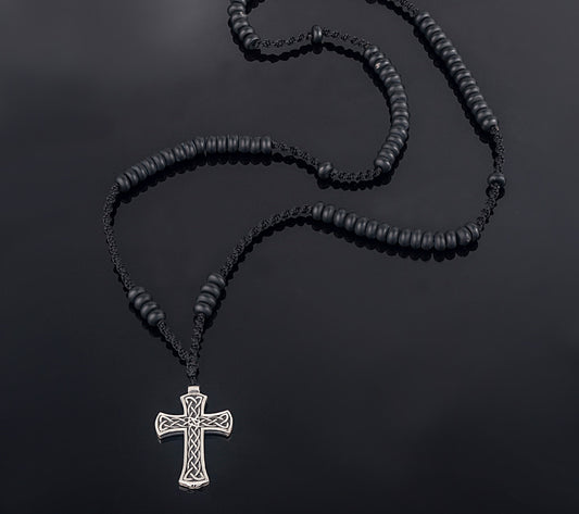 Solid Sterling Silver Cross on Handmade Rosary with Black Onyx Beads