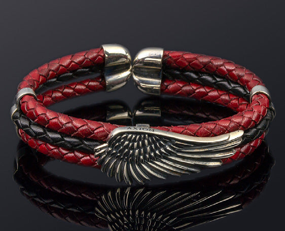 Sterling Silver Angel Wing with Genuine Braided Leather Flex Bracelet