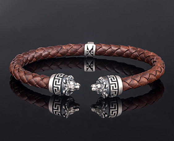 Sterling Silver Lions Head Motif and Greek Key Motif with Braided Genuine Leather