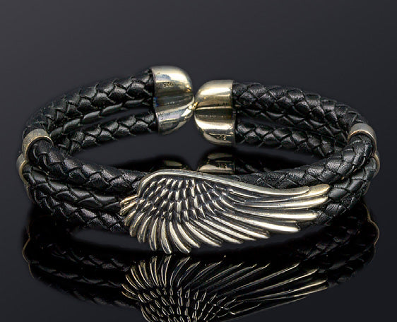 Sterling Silver Angel Wing with Genuine Braided Leather Flex Bracelet