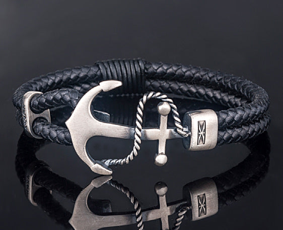 Sterling Silver Roped Anchor Bracelet with Double Band Genuine Leather and Black Cord Design Wrap
