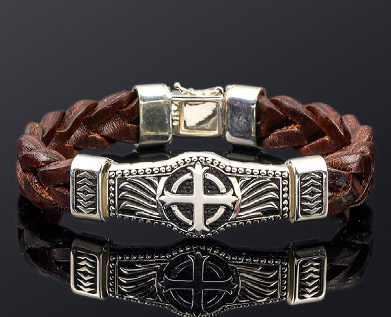 Sterling Silver Cross and Wing Motif with Genuine Braided Leather Band