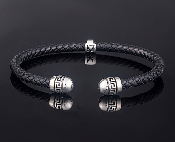 Bracelet with Sterling Silver Greek key motif and braided genuine leather
