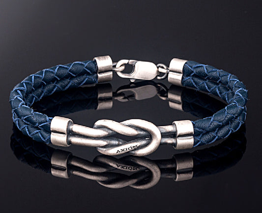 Sterling Silver Nautical Knot Bracelet with Braided Genuine Leather