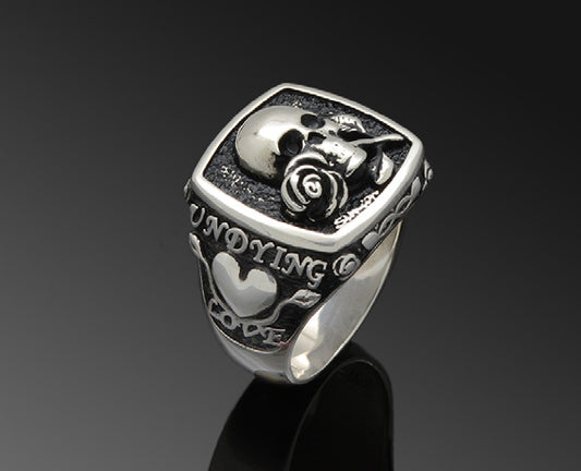 Sterling Silver Wide Band Ring with Skulls and Roses
