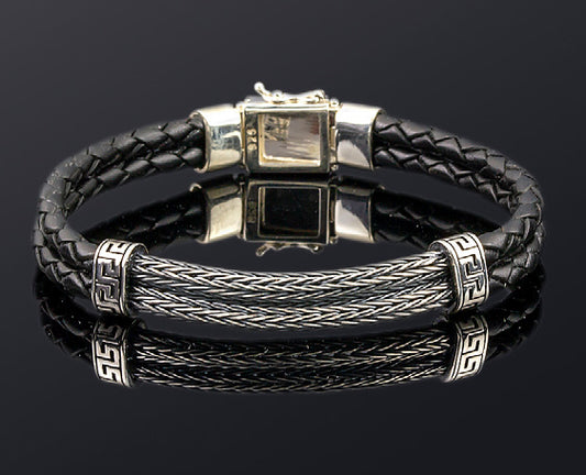 Sterling Silver Bracelet with Double Braided Chain and Doubled Braided Genuine Leather