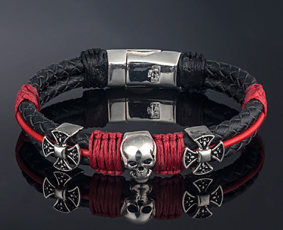 Sterling Silver Skull and Cross Motif with Genuine Leather Wide Band