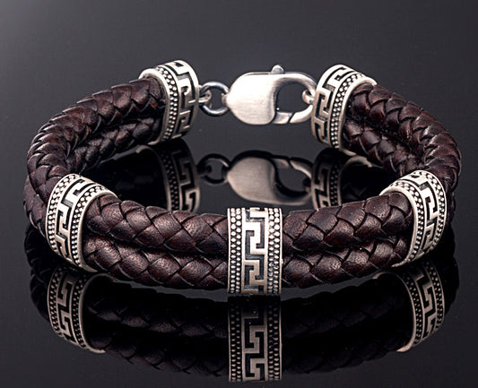 Sterling Silver Bracelet with Greek Key Motifs and Genuine Braided Leather