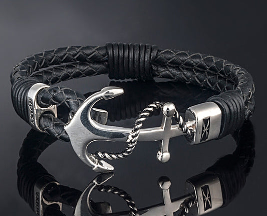 Sterling Silver Roped Anchor Bracelet with Double Band Genuine Leather and Black Cord Design Wrap