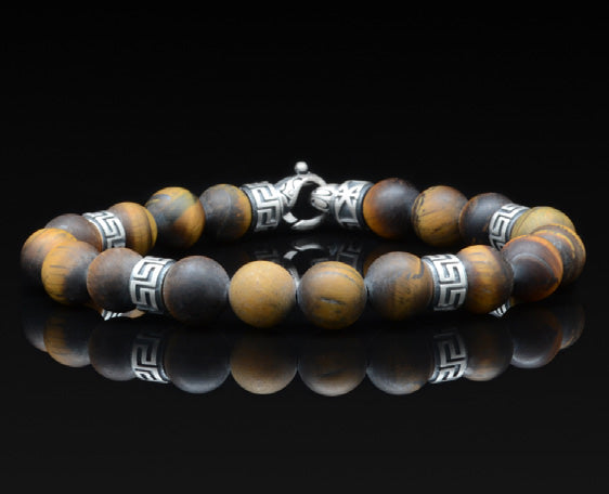 Tiger Eye and Black Onyx Beaded Bracelets with Sterling Silver Meander Motifs