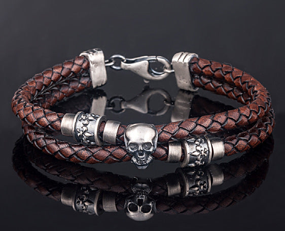 Double Wrap Sterling Silver Bracelet with Skull and Fleur-De-Lis Motifs