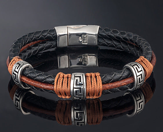 Sterling Silver Bracelet with Greek Key Motif and Genuine Leather