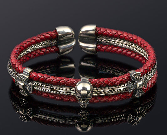 Sterling Silver Flex Bracelet with Skull Motif and Genuine Leather