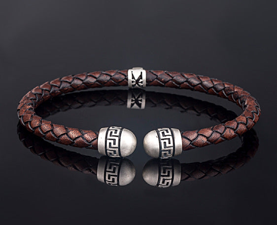 Bracelet with Sterling Silver Greek key motif and 5mm braided genuine leather