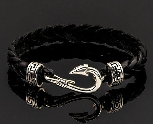 Sterling Silver Hook Bracelet with Greek Key Motifs and Genuine Leather