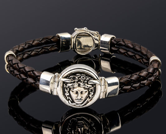 Sterling Silver Medusa Face Coin Bracelet with Double Genuine Leather Band