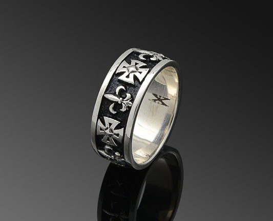 Sterling Silver Thin Band Ring with Cross and Fleur-De-Lis