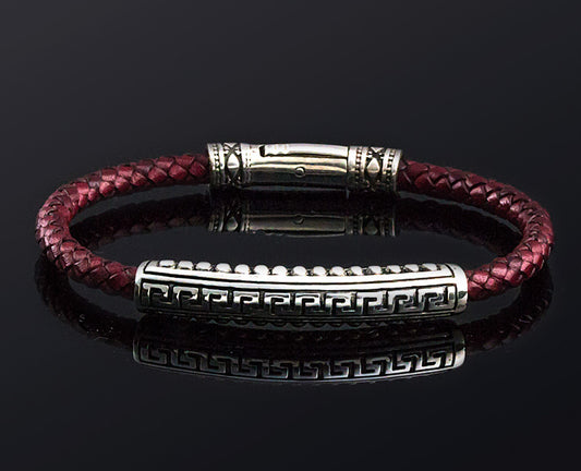 Bracelet with Sterling Silver Meander Design and Braided Genuine Leather