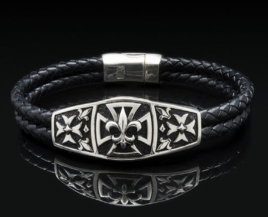 Sterling Silver Bracelet with Fleur-de-Lis and Cross Motifs with Genuine Braided Leather