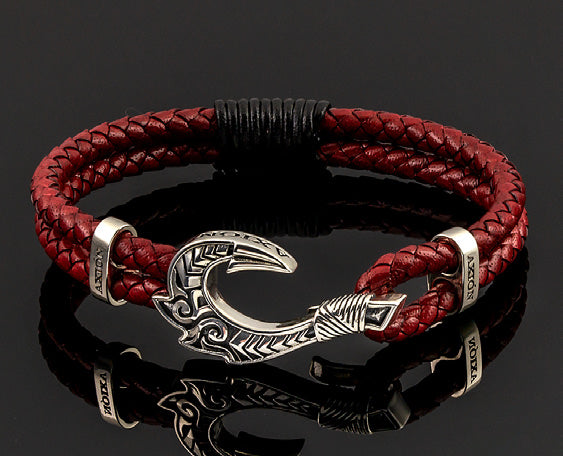 Sterling Silver Maori Hook Bracelet with Double Genuine Leather Band