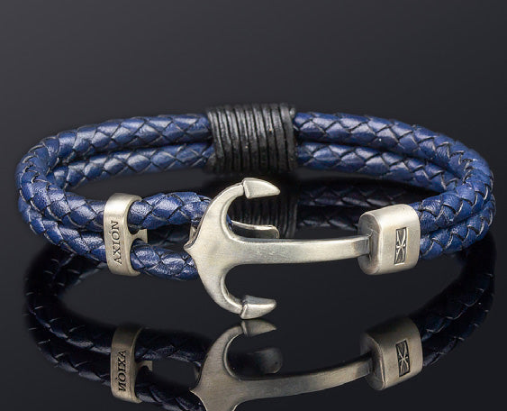 Sterling Silver Anchor Bracelet with Double Band Genuine Leather