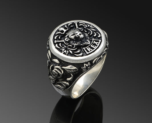 Sterling Silver Ring with Rex Symbol, Lion Head and Roses
