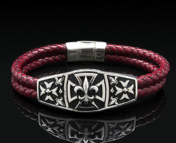 Sterling Silver Bracelet with Fleur-de-Lis and Cross Motifs with Genuine Braided Leather